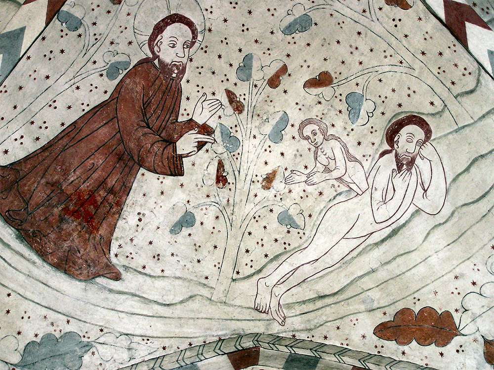 «Сотворение Евы из ребра Адама», фреска в шведской кирхе («The Creation of Eve from the Edge of Adam», a fresco in a Swedish church)